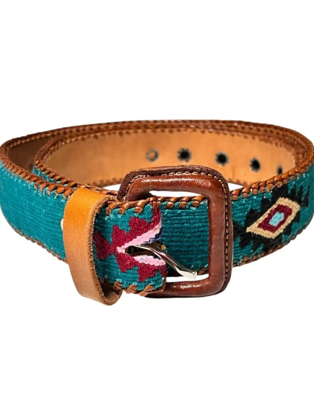 Handmade Leather Multicolor Woven Belt Guatemalan Whip Stitch Sz S/M